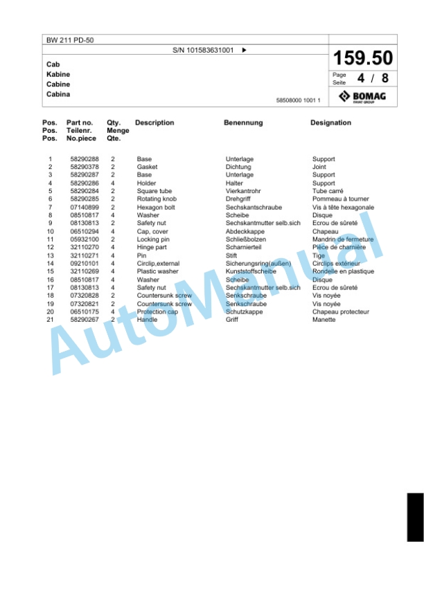 Bomag BW 211 PD-50 Single Drum Wheel Drive Vibratory Roller Spare Parts Catalogue 00824427-5