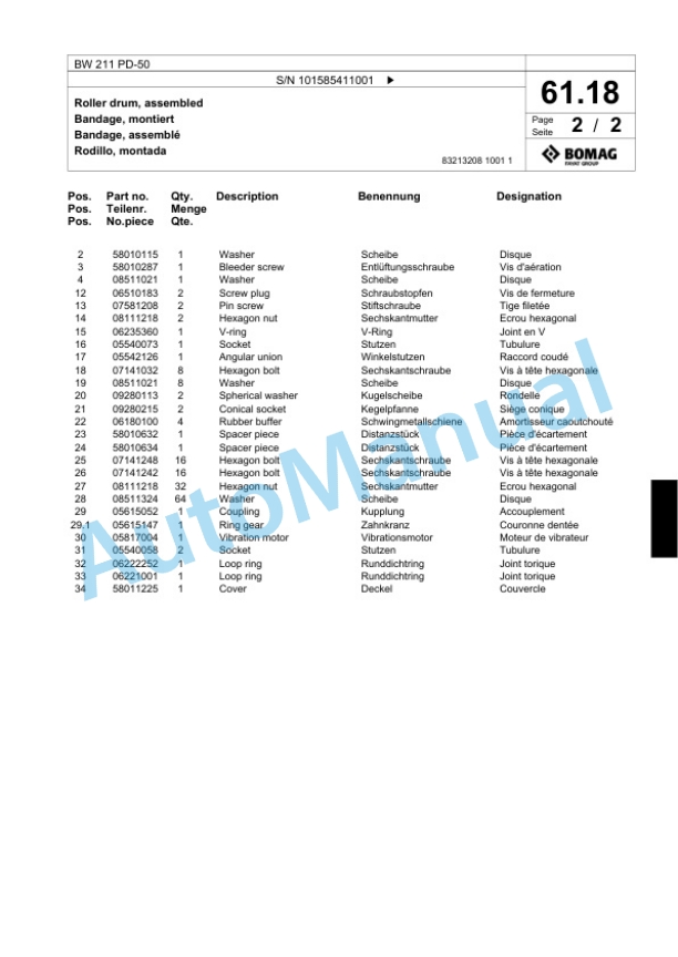 Bomag BW 211 PD-50 Single Drum Wheel Drive Vibratory Roller Spare Parts Catalogue 00824703-2