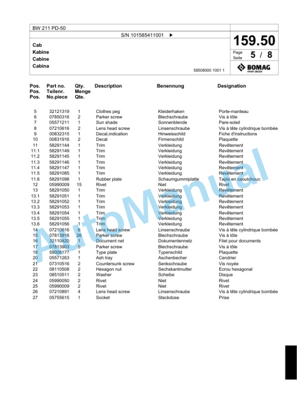 Bomag BW 211 PD-50 Single Drum Wheel Drive Vibratory Roller Spare Parts Catalogue 00824703-5