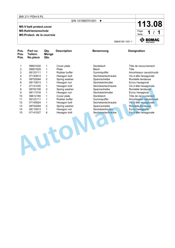 Bomag BW 211 PDH-5 PL Single Drum Wheel Drive Vibratory Roller Spare Parts Catalogue 00827243-3