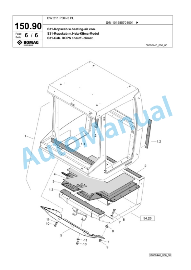 Bomag BW 211 PDH-5 PL Single Drum Wheel Drive Vibratory Roller Spare Parts Catalogue 00827243-4