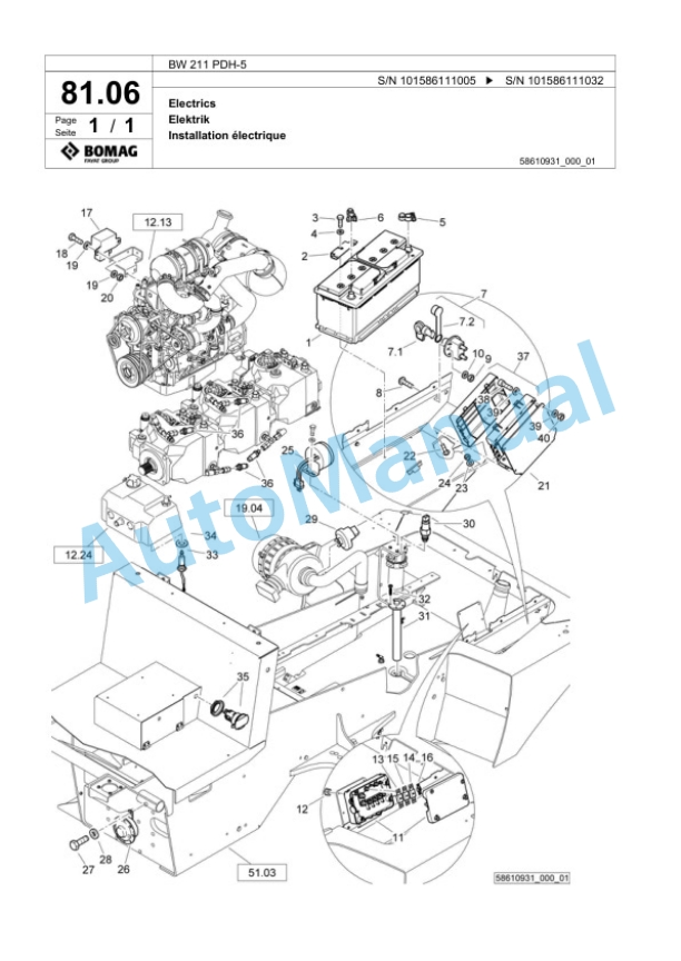 Bomag BW 211 PDH-5 Single Drum Wheel Drive Vibratory Roller Spare Parts Catalogue 00824725-2