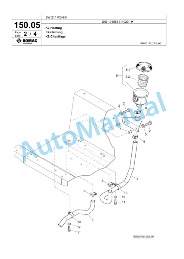 Bomag BW 211 PDH-5 Single Drum Wheel Drive Vibratory Roller Spare Parts Catalogue 00824725-3