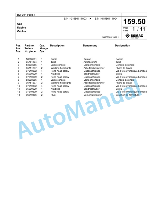 Bomag BW 211 PDH-5 Single Drum Wheel Drive Vibratory Roller Spare Parts Catalogue 00824725-5
