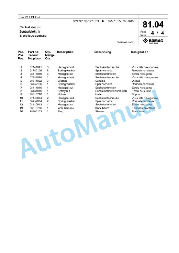 Bomag BW 211 PDH-5 Single Drum Wheel Drive Vibratory Roller Spare Parts Catalogue 00826563-2