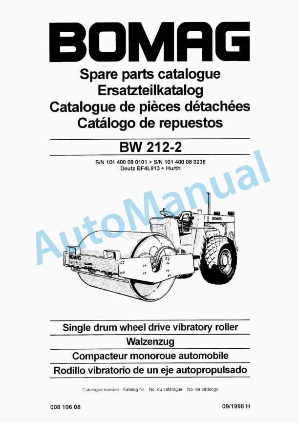 Bomag BW 212-2 Single Drum Wheel Drive Vibratory Roller Spare Parts Catalogue 00810608