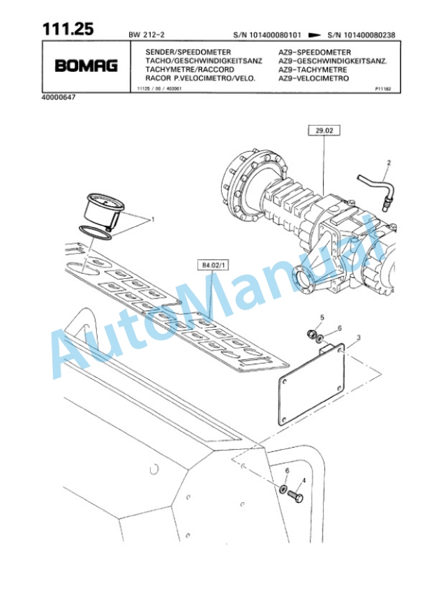Bomag BW 212-2 Single Drum Wheel Drive Vibratory Roller Spare Parts Catalogue 00810608-5