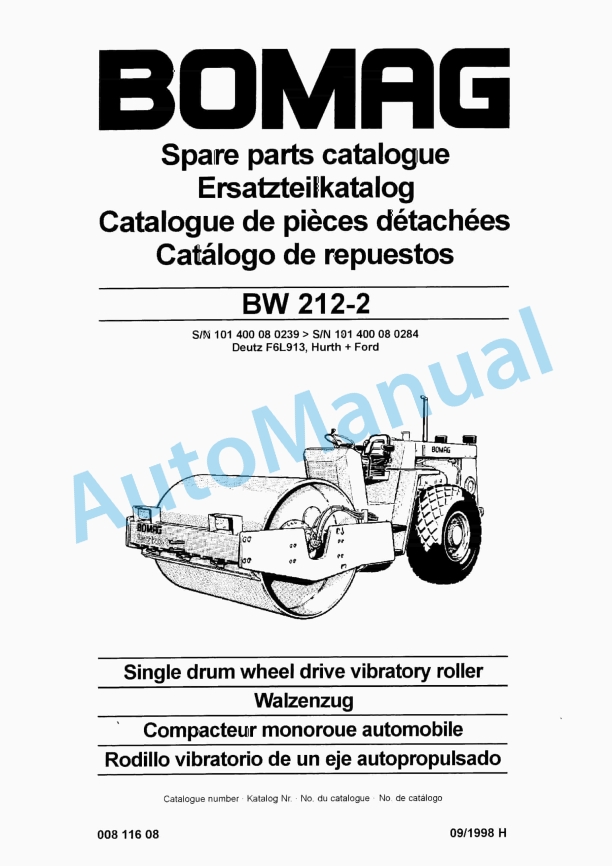 Bomag BW 212-2 Single Drum Wheel Drive Vibratory Roller Spare Parts Catalogue 00811608