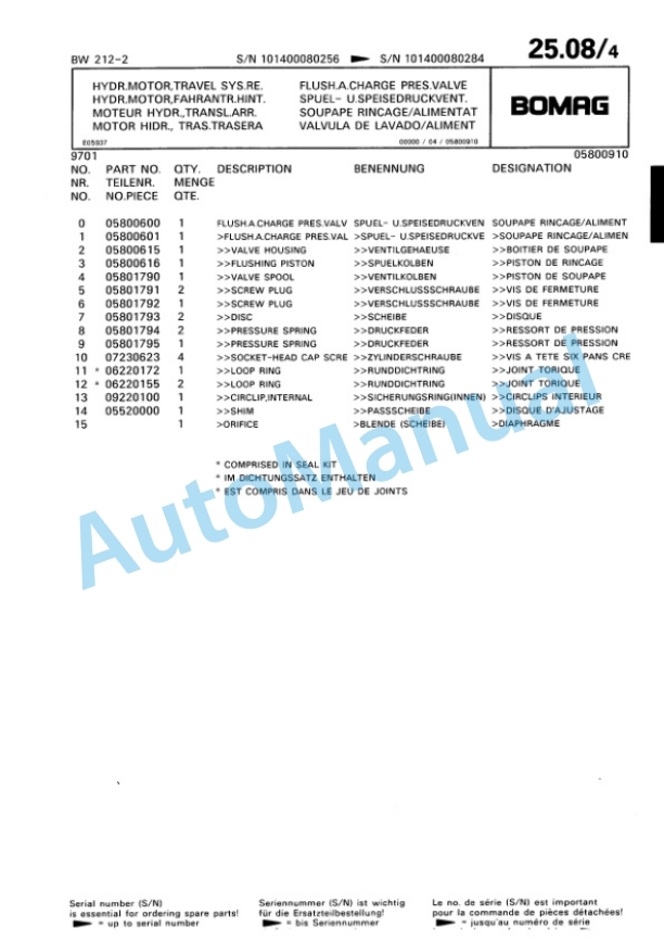 Bomag BW 212-2 Single Drum Wheel Drive Vibratory Roller Spare Parts Catalogue 00811608-2