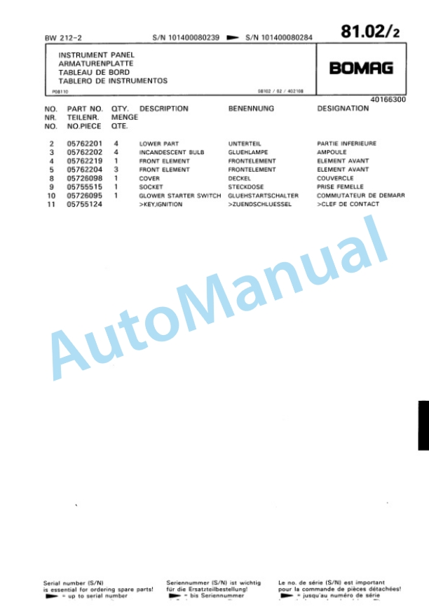 Bomag BW 212-2 Single Drum Wheel Drive Vibratory Roller Spare Parts Catalogue 00811608-4
