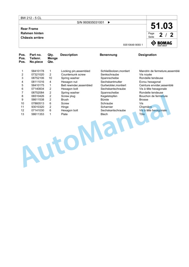 Bomag BW 212 - 5 CL Single Drum Vibration Roller Spare Parts Catalogue 00827329-2