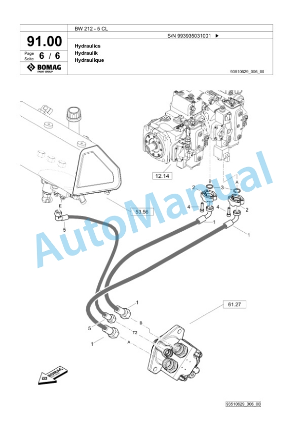 Bomag BW 212 - 5 CL Single Drum Vibration Roller Spare Parts Catalogue 00827329-4