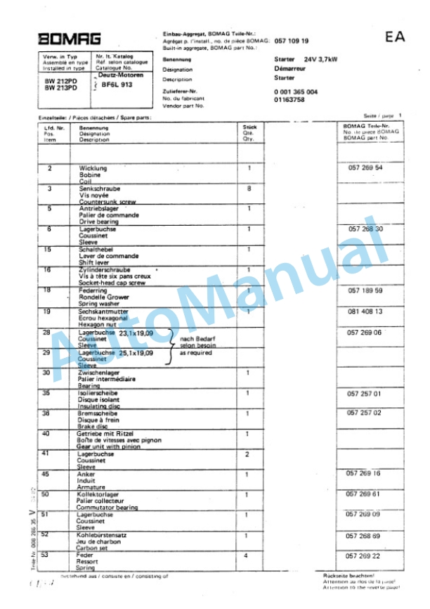 Bomag BW 212, BW 212 D, BW 212 PD Single Drum Roller Spare Parts Catalogue 00814200 GE-3