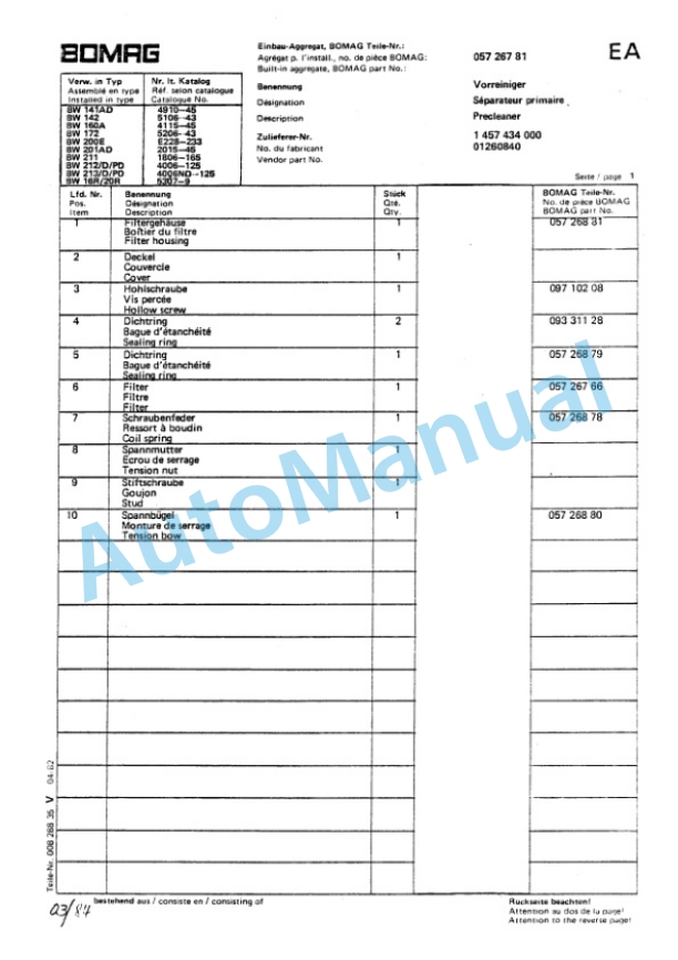 Bomag BW 212, BW 212 D, BW 212 PD Single Drum Roller Spare Parts Catalogue 00814200 GE-4