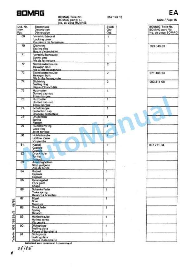 Bomag BW 212, BW 212 D, BW 212 PD Single Drum Vibratory Roller Spare Parts Catalogue 00814201-3