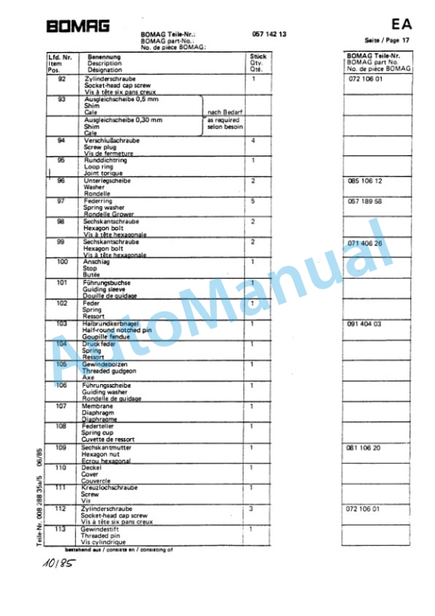 Bomag BW 212, BW 212 D, BW 212 PD Single Drum Vibratory Roller Spare Parts Catalogue 00814204-3