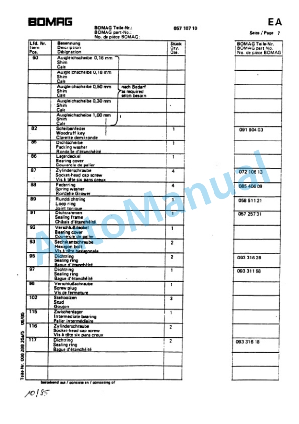 Bomag BW 212, BW 212 D, BW 212 PD Single Drum Vibratory Roller Spare Parts Catalogue 00814205 FR-2
