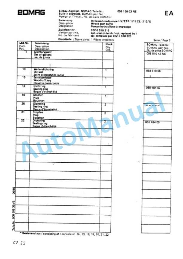Bomag BW 212, BW 212 D, BW 212 PD Single Drum Vibratory Roller Spare Parts Catalogue 00814205 FR-4