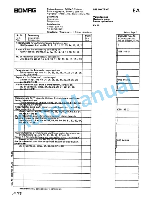 Bomag BW 212, BW 212 D, BW 212 PD Single Drum Vibratory Roller Spare Parts Catalogue 00814205 FR-5