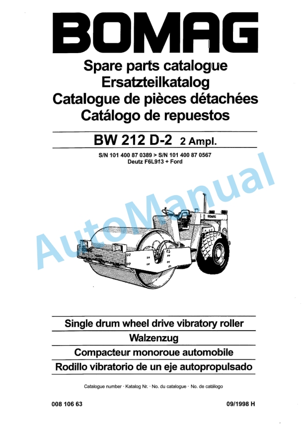 Bomag BW 212 D-2 2 Ampl Single Drum Wheel Drive Vibratory Roller Spare Parts Catalogue 00810663