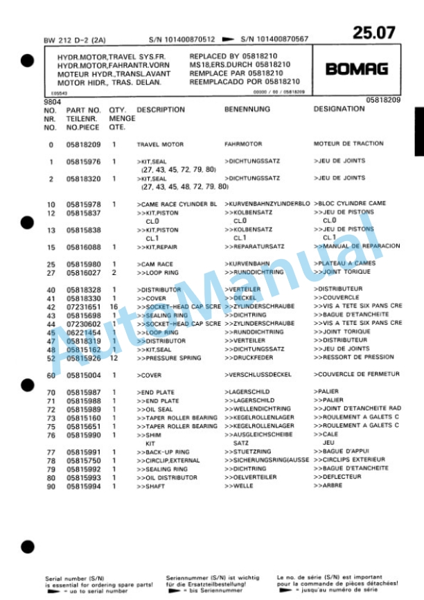Bomag BW 212 D-2 2 Ampl Single Drum Wheel Drive Vibratory Roller Spare Parts Catalogue 00810663-2