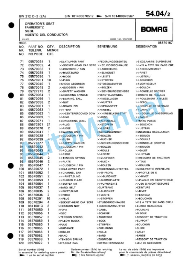 Bomag BW 212 D-2 2 Ampl Single Drum Wheel Drive Vibratory Roller Spare Parts Catalogue 00810663-3