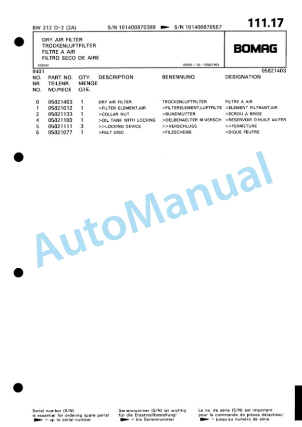 Bomag BW 212 D-2 2 Ampl Single Drum Wheel Drive Vibratory Roller Spare Parts Catalogue 00810663-5