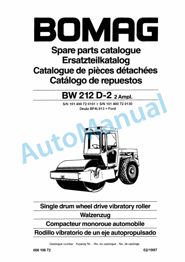 Bomag BW 212 D-2 2 Ampl Single Drum Wheel Drive Vibratory Roller Spare Parts Catalogue 00810672