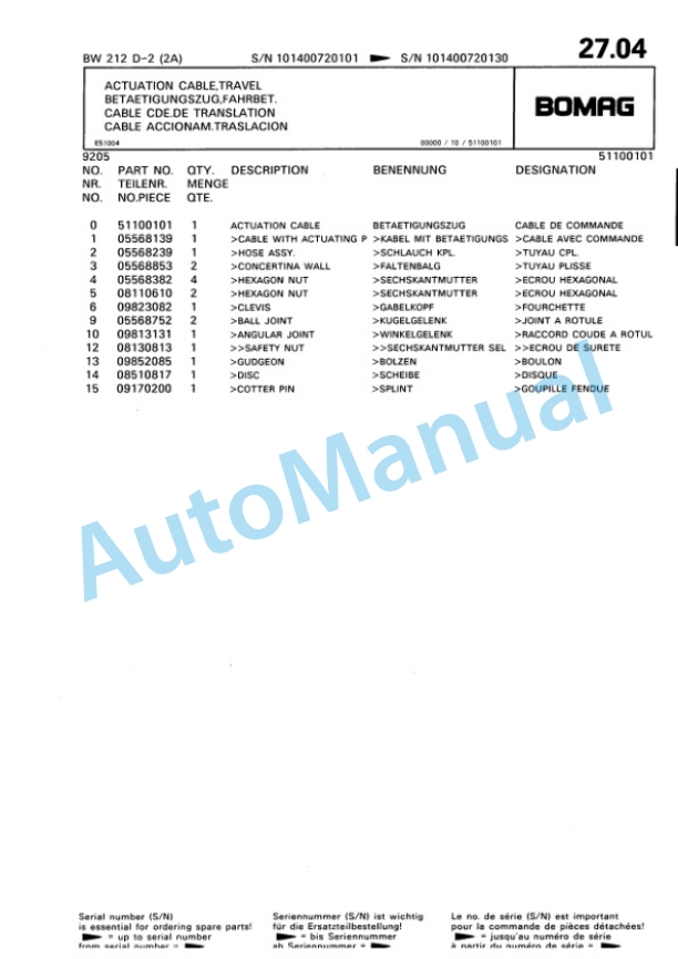 Bomag BW 212 D-2 2 Ampl Single Drum Wheel Drive Vibratory Roller Spare Parts Catalogue 00810672-2