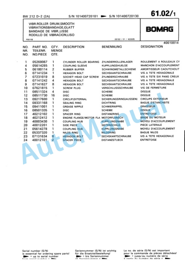 Bomag BW 212 D-2 2 Ampl Single Drum Wheel Drive Vibratory Roller Spare Parts Catalogue 00810672-3