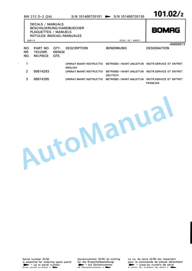 Bomag BW 212 D-2 2 Ampl Single Drum Wheel Drive Vibratory Roller Spare Parts Catalogue 00810672-4