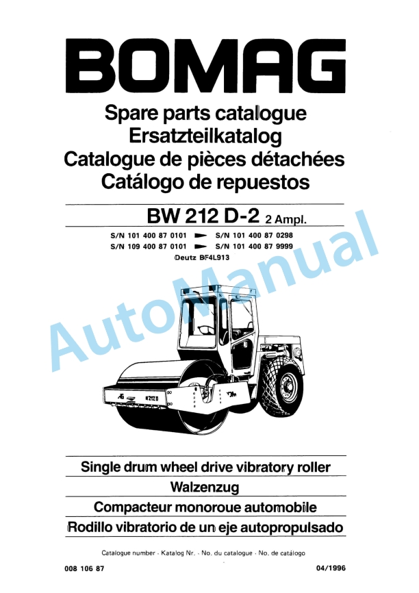 Bomag BW 212 D-2 2 Ampl Single Drum Wheel Drive Vibratory Roller Spare Parts Catalogue 00810687