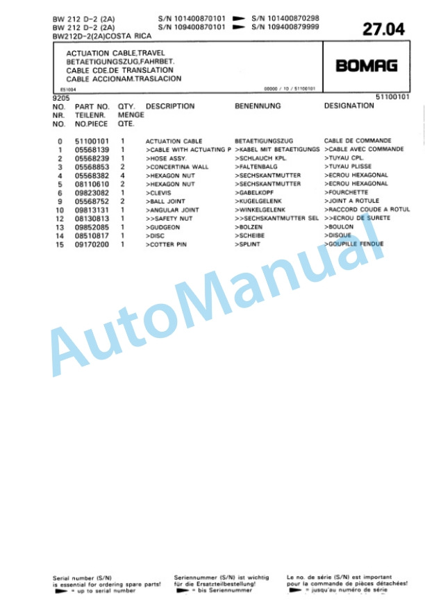 Bomag BW 212 D-2 2 Ampl Single Drum Wheel Drive Vibratory Roller Spare Parts Catalogue 00810687-2