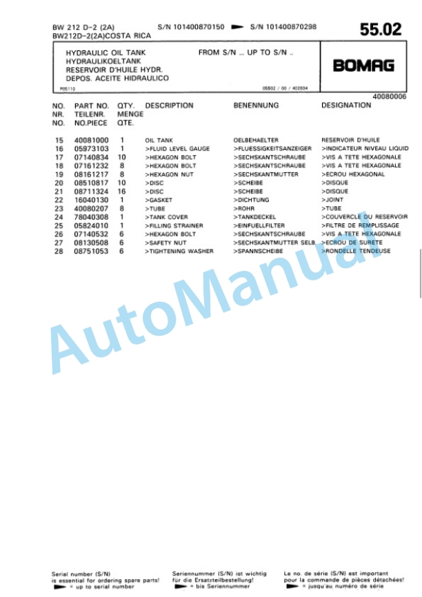 Bomag BW 212 D-2 2 Ampl Single Drum Wheel Drive Vibratory Roller Spare Parts Catalogue 00810687-3