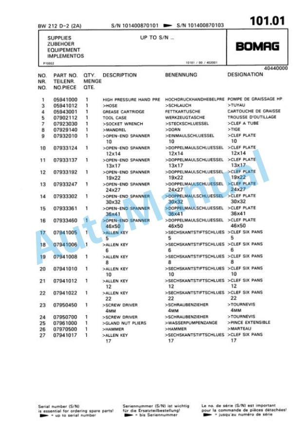 Bomag BW 212 D-2 2 Ampl Single Drum Wheel Drive Vibratory Roller Spare Parts Catalogue 00810687-4