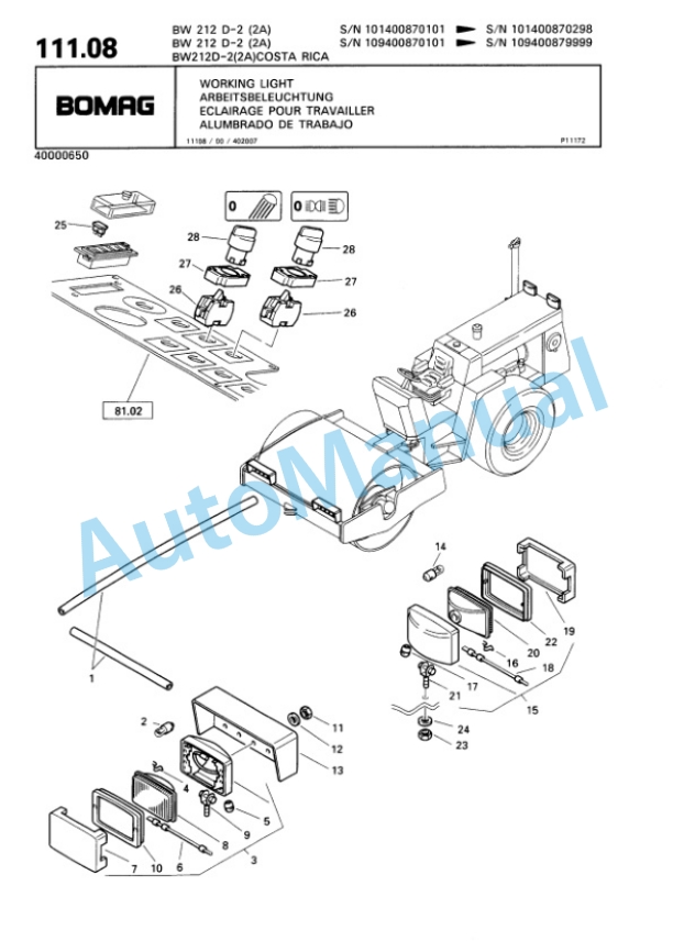 Bomag BW 212 D-2 2 Ampl Single Drum Wheel Drive Vibratory Roller Spare Parts Catalogue 00810687-5