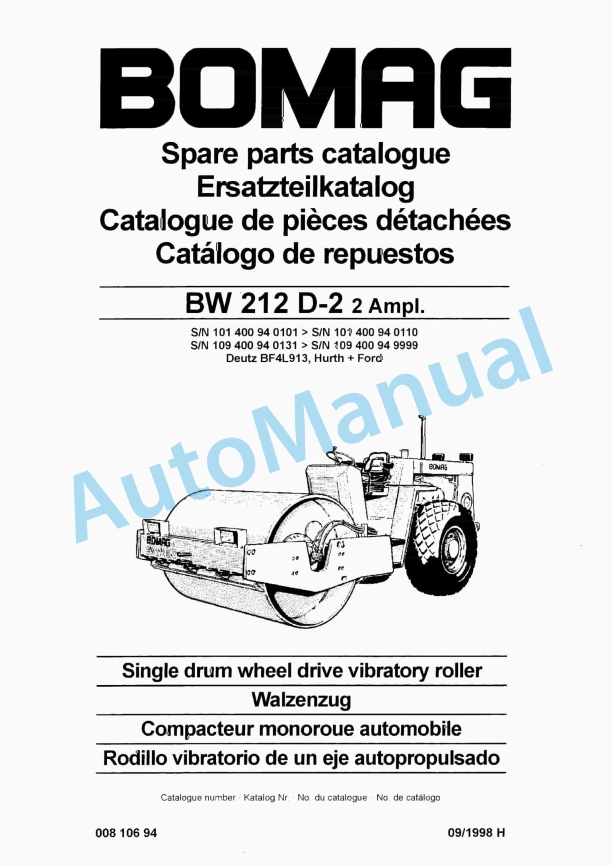 Bomag BW 212 D-2 2 Ampl Single Drum Wheel Drive Vibratory Roller Spare Parts Catalogue 00810694