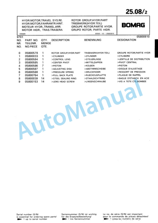 Bomag BW 212 D-2 2 Ampl Single Drum Wheel Drive Vibratory Roller Spare Parts Catalogue 00810694-2