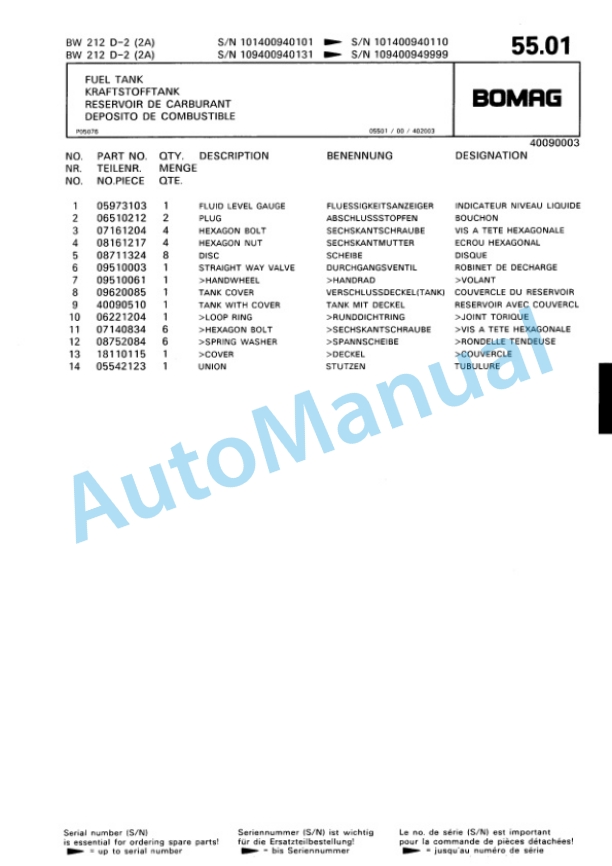 Bomag BW 212 D-2 2 Ampl Single Drum Wheel Drive Vibratory Roller Spare Parts Catalogue 00810694-3