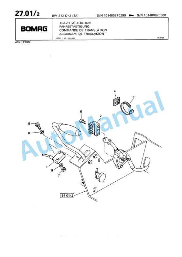 Bomag BW 212-D-2 2 Ampl Single Drum Wheel Drive Vibratory Roller Spare Parts Catalogue 00811687-2