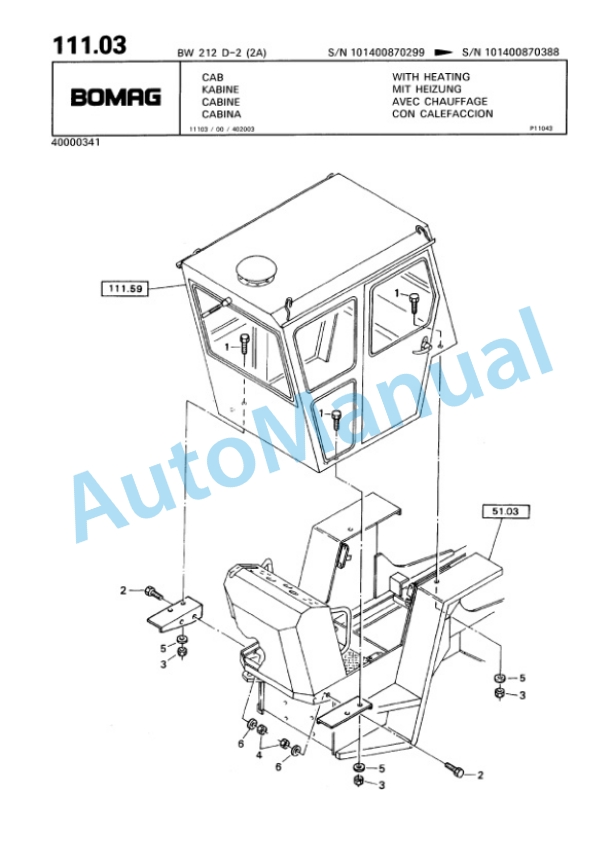 Bomag BW 212-D-2 2 Ampl Single Drum Wheel Drive Vibratory Roller Spare Parts Catalogue 00811687-4