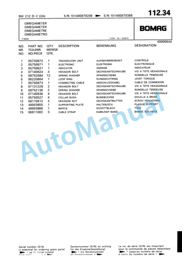 Bomag BW 212-D-2 2 Ampl Single Drum Wheel Drive Vibratory Roller Spare Parts Catalogue 00811687-5
