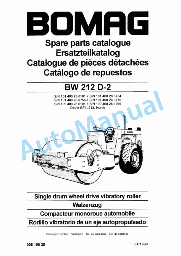 Bomag BW 212 D-2 Single Drum Wheel Drive Vibratory Roller Spare Parts Catalogue 00810628