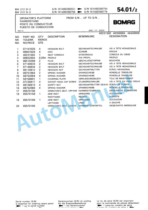 Bomag BW 212 D-2 Single Drum Wheel Drive Vibratory Roller Spare Parts Catalogue 00810628-3