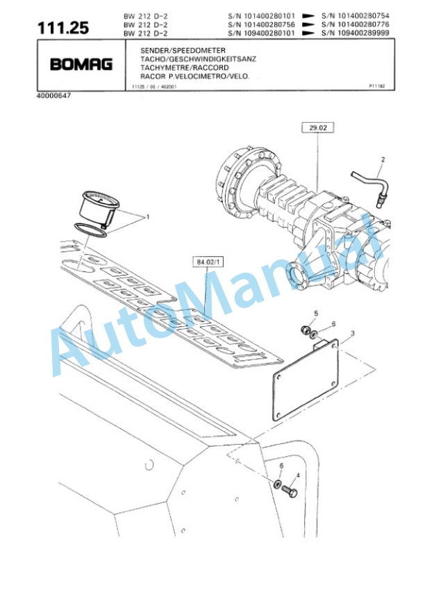 Bomag BW 212 D-2 Single Drum Wheel Drive Vibratory Roller Spare Parts Catalogue 00810628-5
