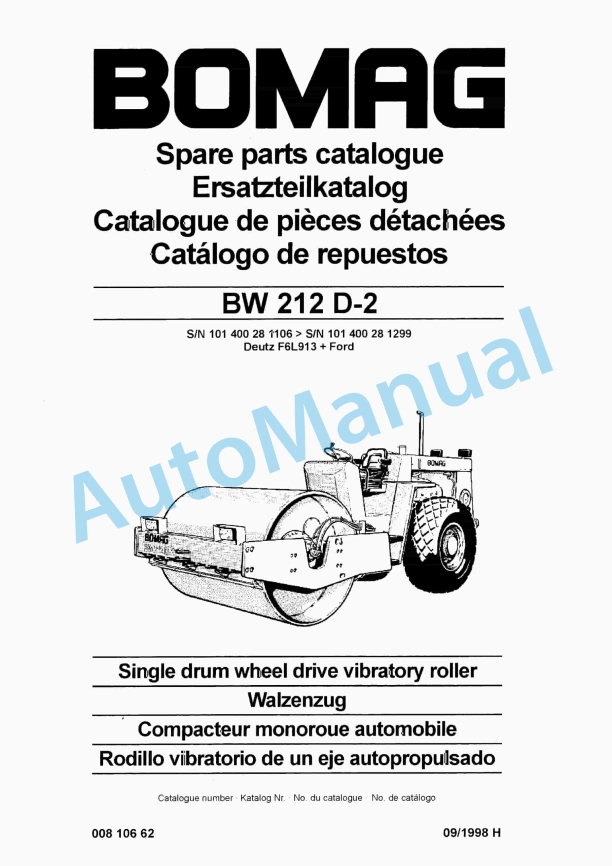 Bomag BW 212 D-2 Single Drum Wheel Drive Vibratory Roller Spare Parts Catalogue 00810662