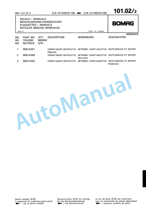 Bomag BW 212 D-2 Single Drum Wheel Drive Vibratory Roller Spare Parts Catalogue 00810662-4