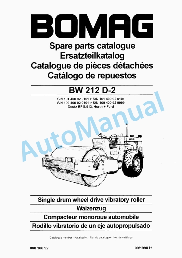 Bomag BW 212 D-2 Single Drum Wheel Drive Vibratory Roller Spare Parts Catalogue 00810692