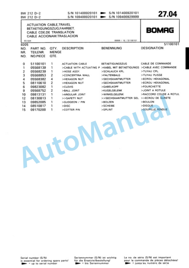 Bomag BW 212 D-2 Single Drum Wheel Drive Vibratory Roller Spare Parts Catalogue 00810692-2