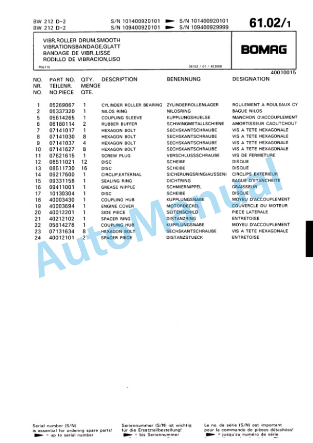 Bomag BW 212 D-2 Single Drum Wheel Drive Vibratory Roller Spare Parts Catalogue 00810692-3